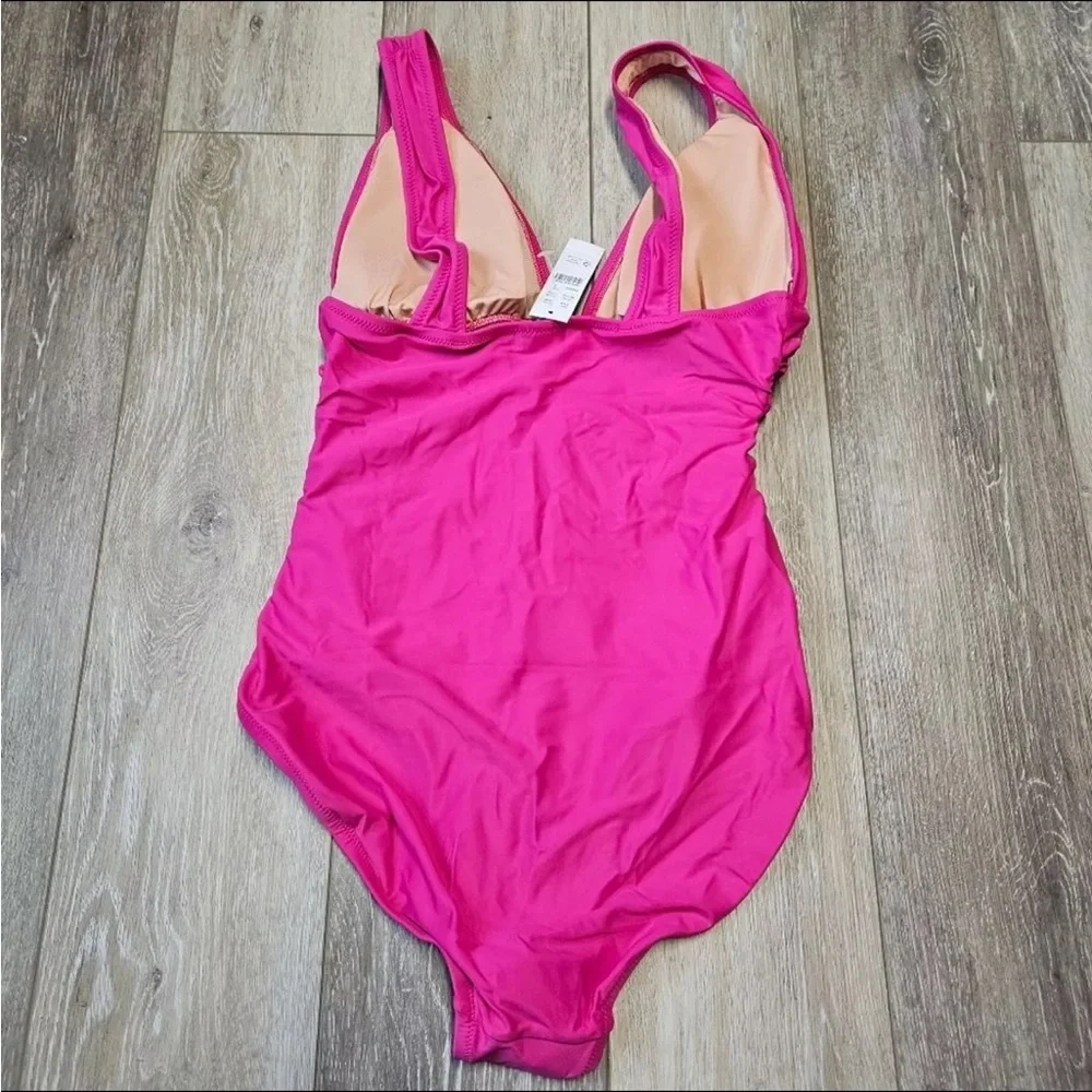 J.Crew Hot Pink Recycled Poly Ruched V-neck Flattering One-Piece Swimsuit NWT 22